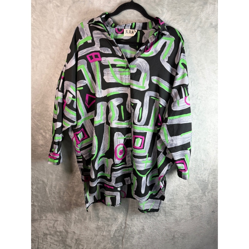JULIO Blouse Womens Black Green Pink Abstract Button Front Long Tunic 3X